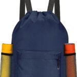 Waterproof Drawstring Bag, Lightweight String Backpack with Water Bottle Holder and Pockets, Gym Sports Cinch Sackpack (Blue)